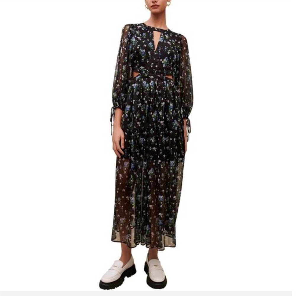 Maje Risof Black Floral Chiffon Cut-Out Maxi Dress Long Sleeve Tie Cuff Size 36